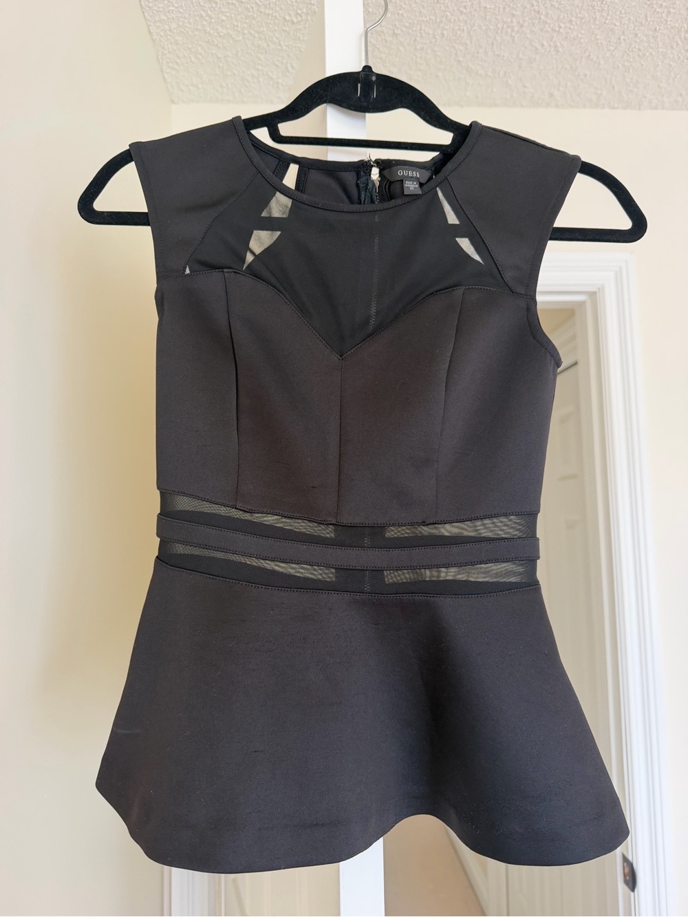 GUESS Black Mesh-Trim Peplum Top